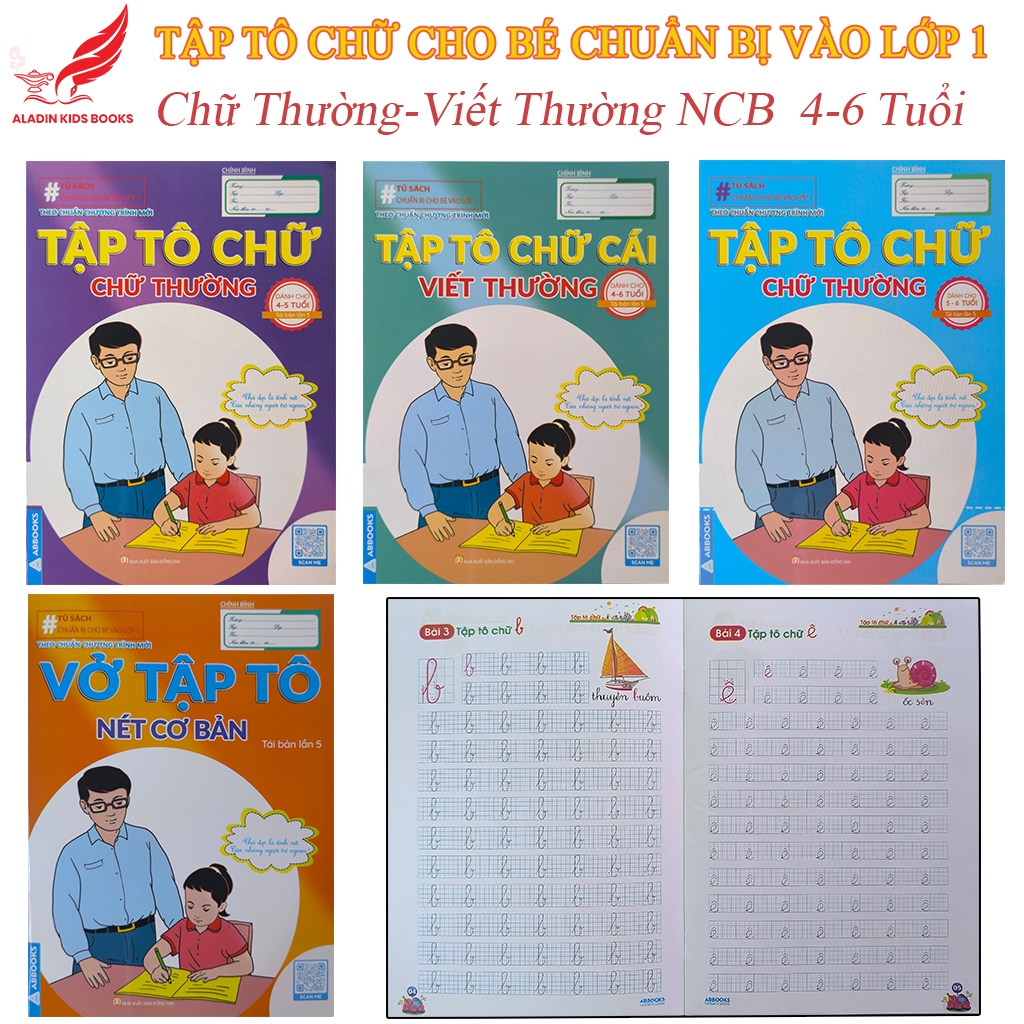 Sách- Bộ 4 Quyển Tập Tô Chữ Chuẩn Bị Vào Lớp 1 Cho Bé 4-6 Tuổi Theo Chương Trình Mới