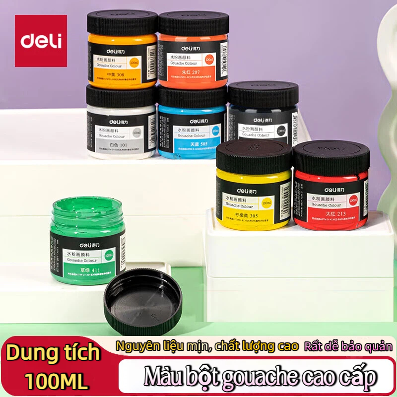 Deli Màu Gouache Hũ 100ml Finenolo –Pha Sẵn, Màu Sắc Tươi Sáng, Dùng Vẽ Mỹ Thuật