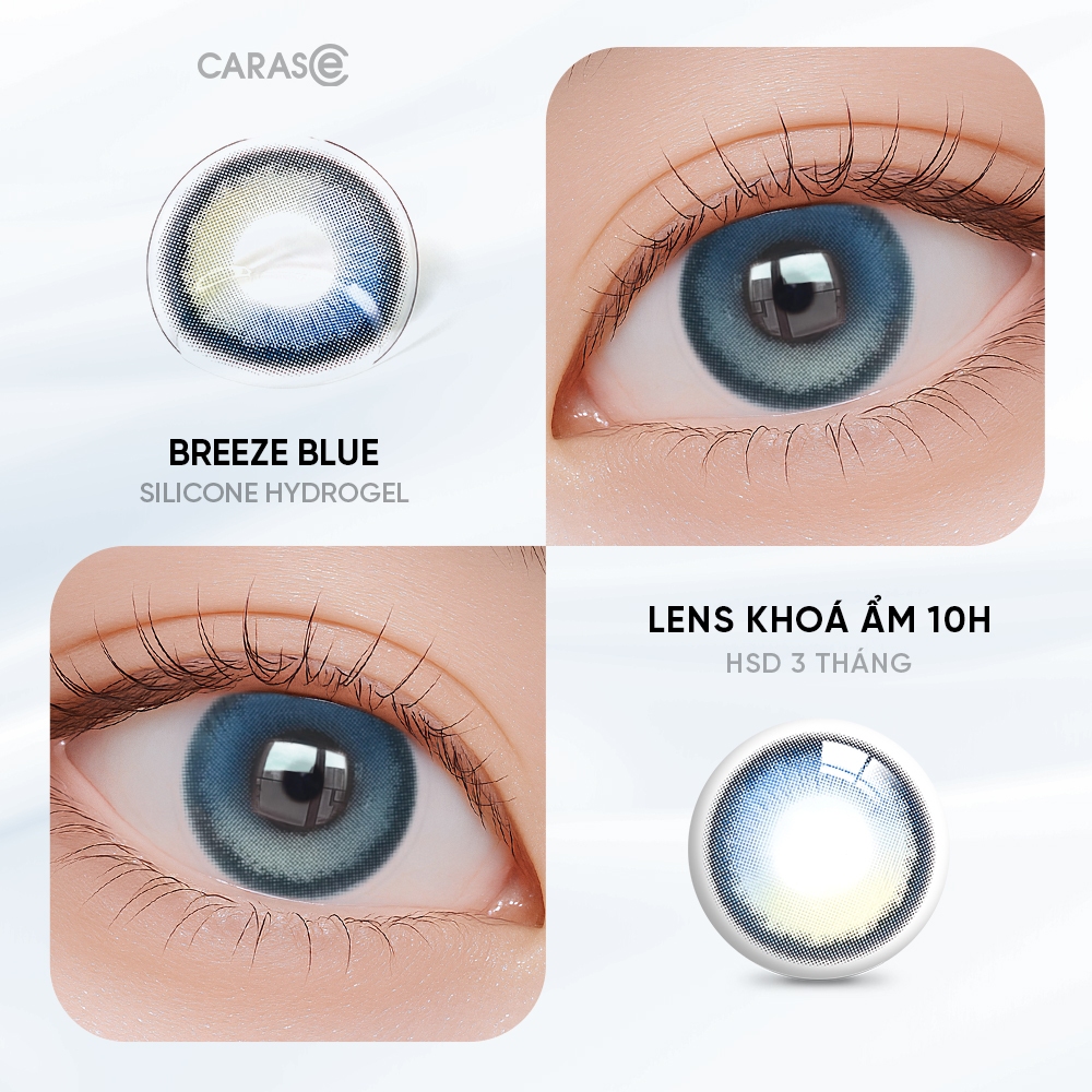 [1 chiếc] Kính áp tròng khoá ẩm 10H 3 Tháng Màu Xanh Navy Ánh Rêu CARASE, Lens cận BREEZE BLUE