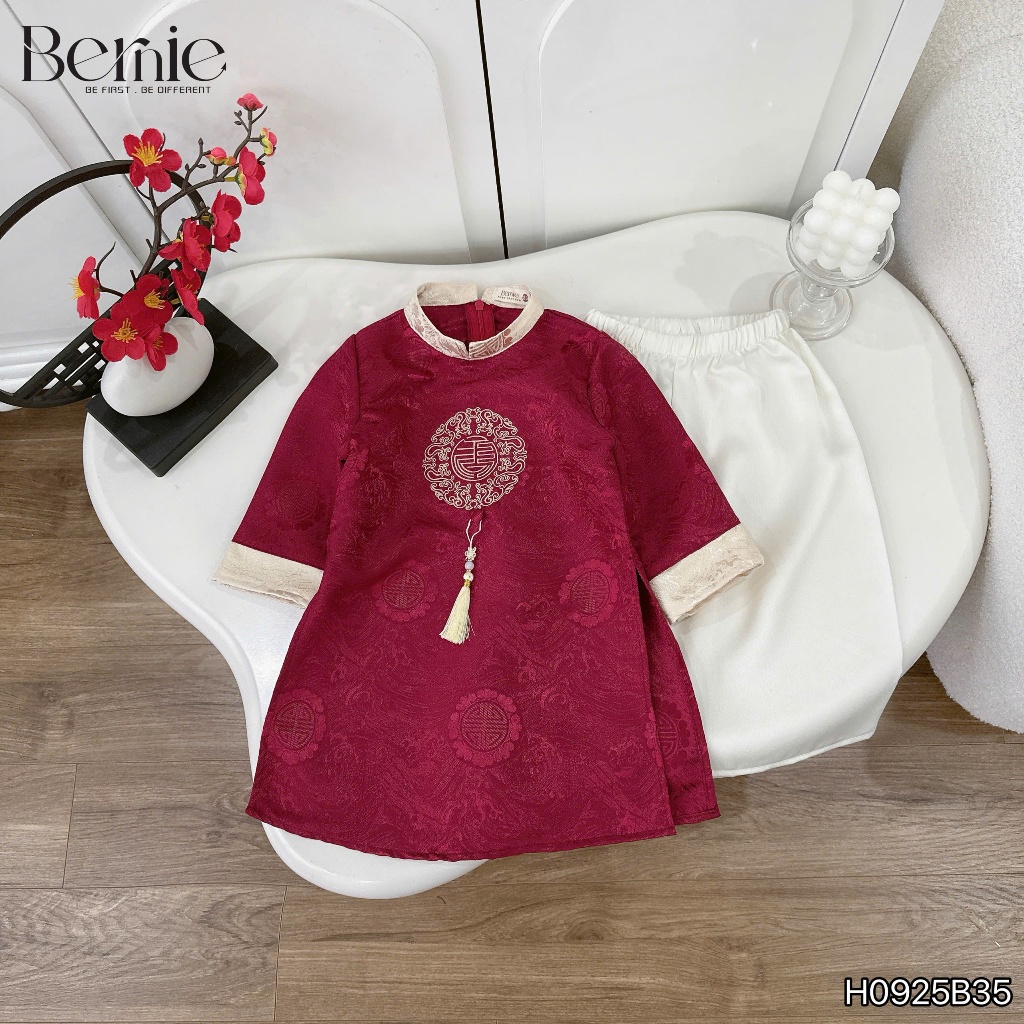 [Tặng khánh] Áo dài cát tường bé trai diện tết, set áo dài gấm vân mây đẹp cho bé (chính hãng bernie)