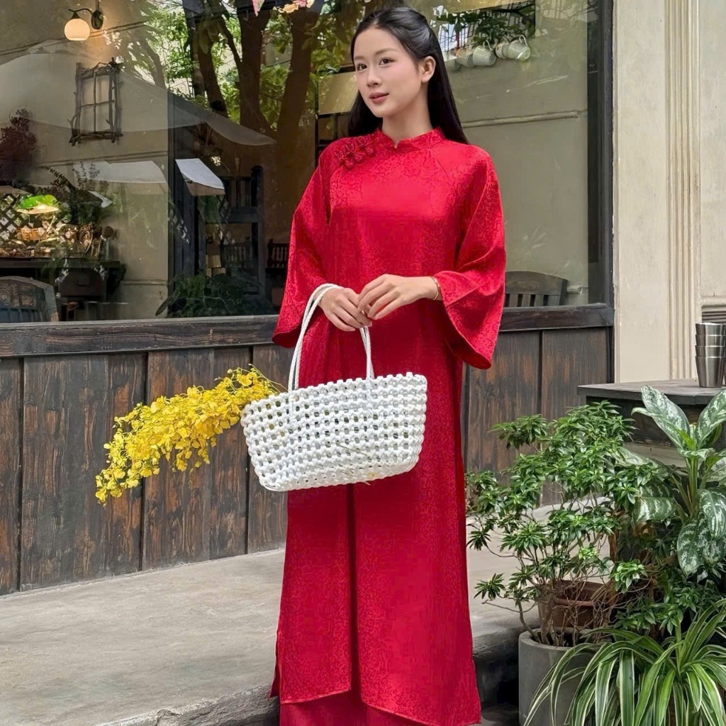 Set quần ống rộng có khóa mặc Tết lễ pastel trẻ T1447G + Áo dài cách tân suông cổ cao tay lỡ lụa gấm hoa phối khuy vải