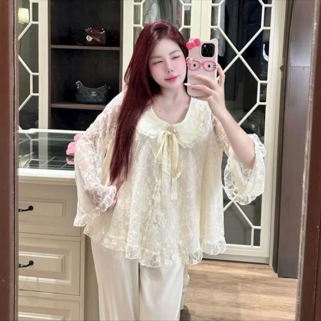 40-65kg bộ pijama mặc nhà phối ren lụa latin mịn mềm mát