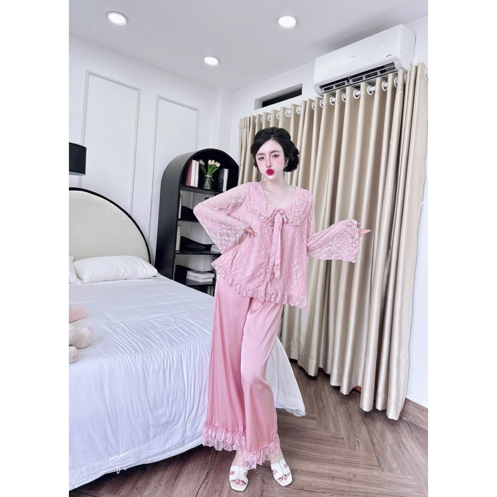 40-65kg bộ pijama mặc nhà phối ren lụa latin mịn mềm mát