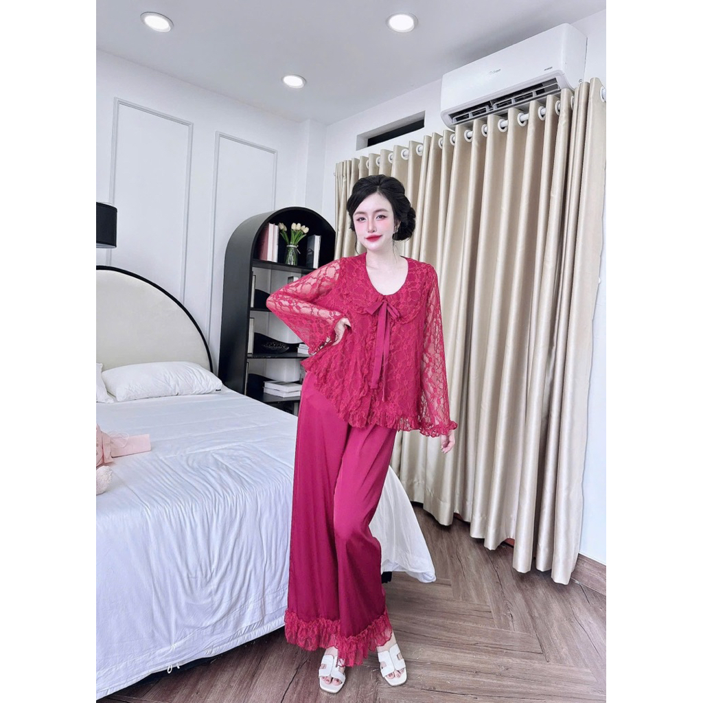 40-65kg bộ pijama mặc nhà phối ren lụa latin mịn mềm mát