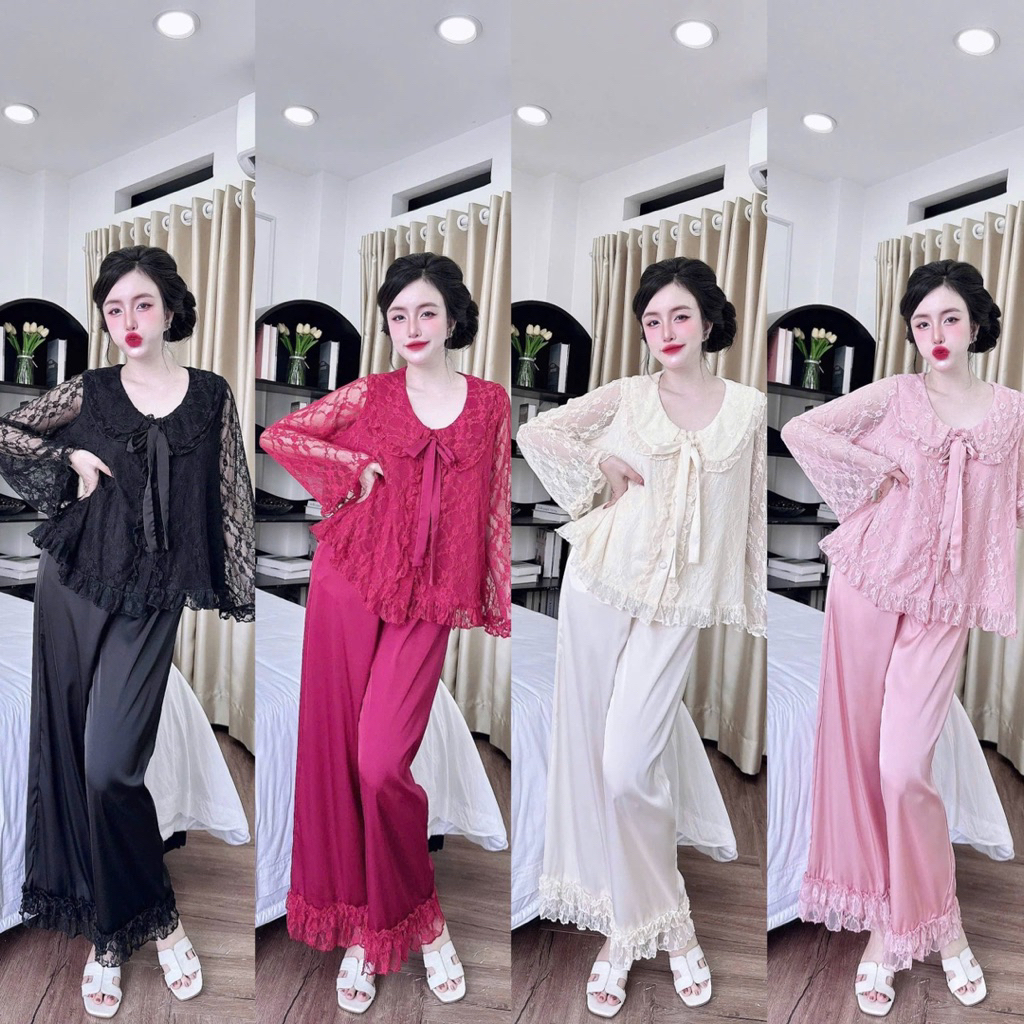 40-65kg bộ pijama mặc nhà phối ren lụa latin mịn mềm mát