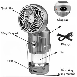 Quạt Tích Điện Đèn Camping Năng Lượng Mặt Trời 3 Trong 1 | Quạt Đèn LED Sạc Dự Phòng Treo Lều