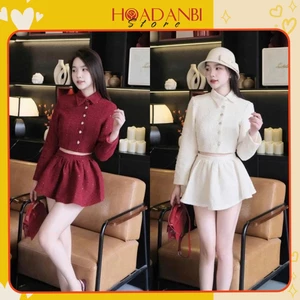 Set dạ tweed nữ sang chảnh Hàn Quốc áo khoác dạ tay dài mix chân váy ngắn dáng chữ A