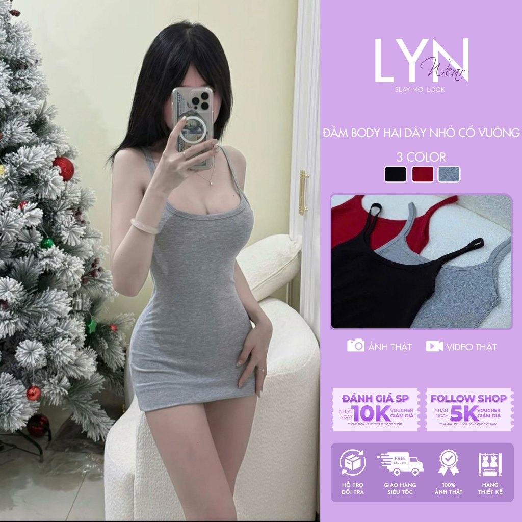 | LYN WEAR | Đầm Body 2 Dây Cổ Vuông Ôm Body Gợi Cảm Chất Thun Rip Co Giãn Tôn Dáng