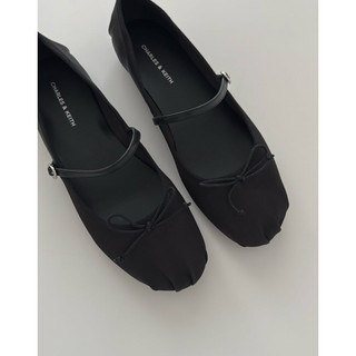 Giày Charles & Keith Emiko Satin Bow Mary Jane Flats in black satin material - Sẵn Hoả Tốc