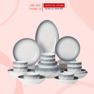 Bộ Chén Đĩa Sứ Ombre Xanh Khói Cao Cấp Sang Trọng Siêu Bền CBG08
