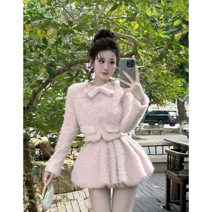 SÉT DẠ LÔNG ĐÍNH NƠ CỔ DÀI TAY KÈM CHÂN VÁY BÍ XOÈ NGẮN SÉT 2 MÀU ĐI CHƠI ĐI DU LỊCH TIỂU THƯ SANG CHẢNH S229