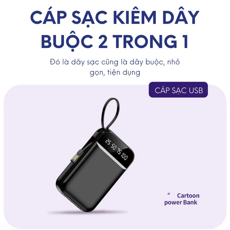 Sạc dự phòng 20000mAh tích hợp cáp sạc nhanh và màn hình LED cho thiết bị di động, có 3 dây cáp cổng ra