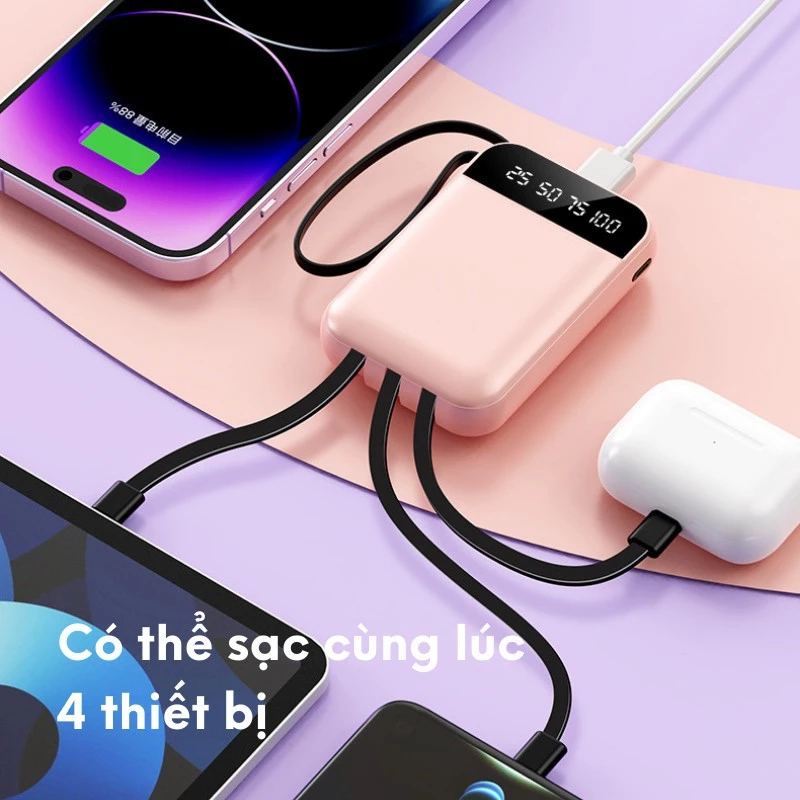 Sạc dự phòng 20000mAh tích hợp cáp sạc nhanh và màn hình LED cho thiết bị di động, có 3 dây cáp cổng ra