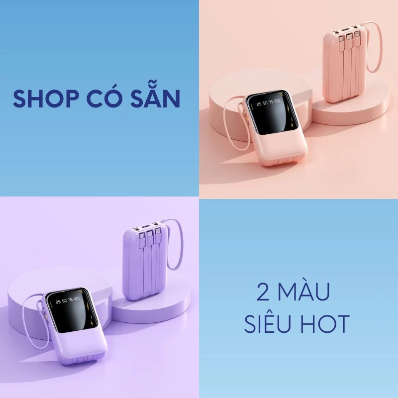 Sạc dự phòng 20000mAh tích hợp cáp sạc nhanh và màn hình LED cho thiết bị di động, có 3 dây cáp cổng ra