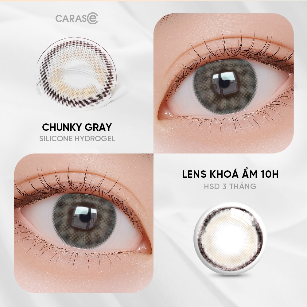 [1 chiếc] Kính áp tròng khoá ẩm 10H 3 Tháng Màu Xám Rêu CARASE, Lens cận CHUNKY GRAY
