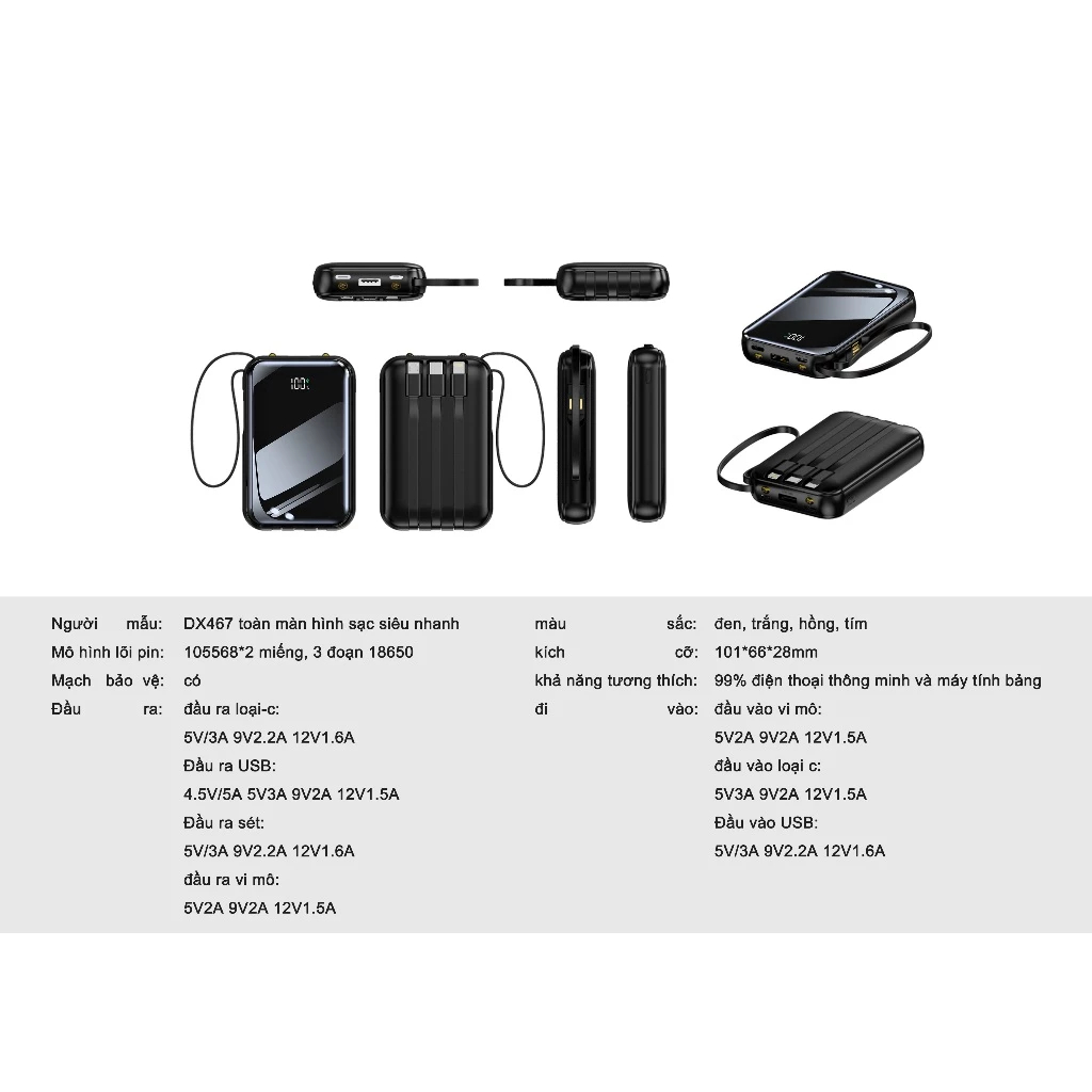 Sạc siêu nhanh 22,5W Sạc dự phòng 20000mAh sạc nhanh pin mini dung lượng lớn có sẵn nhiều cáp sạc
