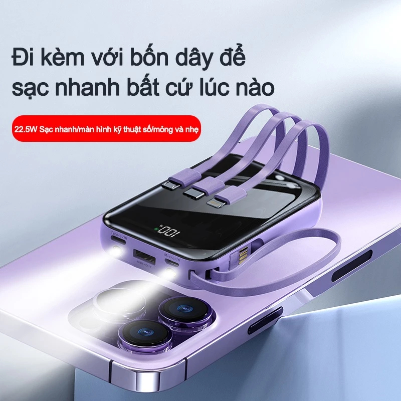 Sạc siêu nhanh 22,5W Sạc dự phòng 20000mAh sạc nhanh pin mini dung lượng lớn có sẵn nhiều cáp sạc