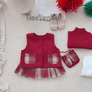 Quấn áo trẻ em, Set gile dạ đỏ bé gái chân váy caro xếp ly 9-26kg S2109 Tiểu Yến KID