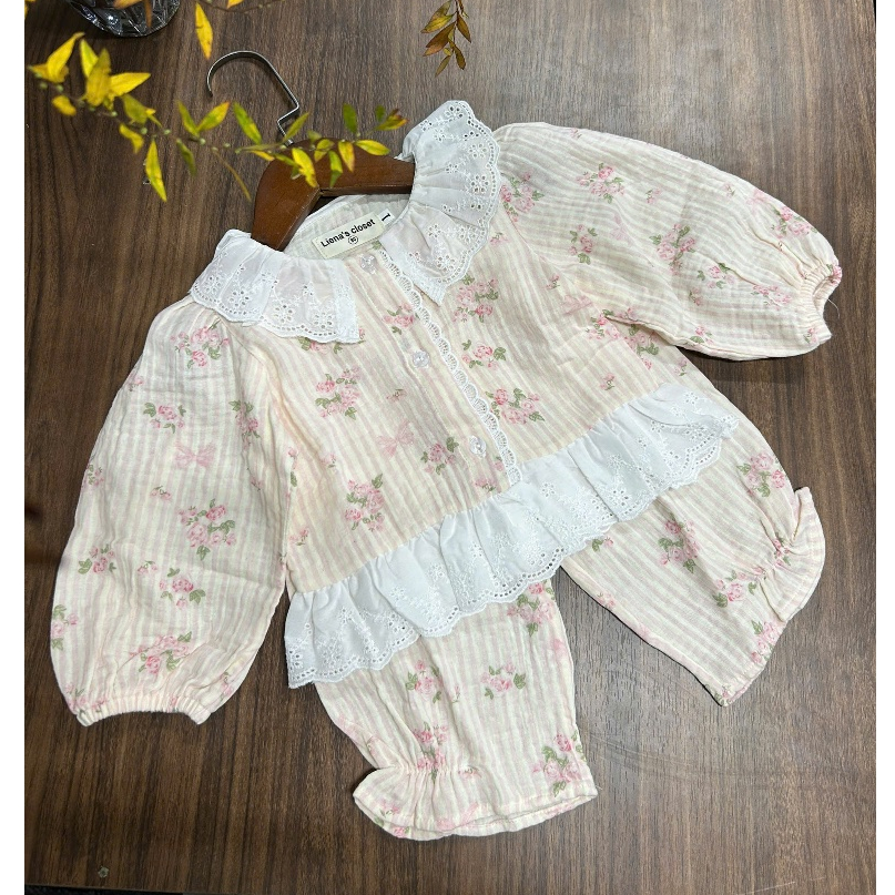 Set Quần Áo Dài Tay Bé Gái Chất Xô Muslin Hàn Cao Cấp Dáng Cánh Tiên Liena’s Closet DT02