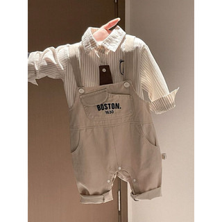 Set quần yếm thêu chữ boston + áo sơ mi phong cách hàn quốc cho bé
