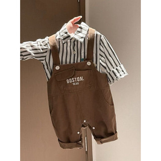 Set quần yếm thêu chữ boston + áo sơ mi phong cách hàn quốc cho bé
