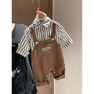 Set quần yếm thêu chữ boston + áo sơ mi phong cách hàn quốc cho bé