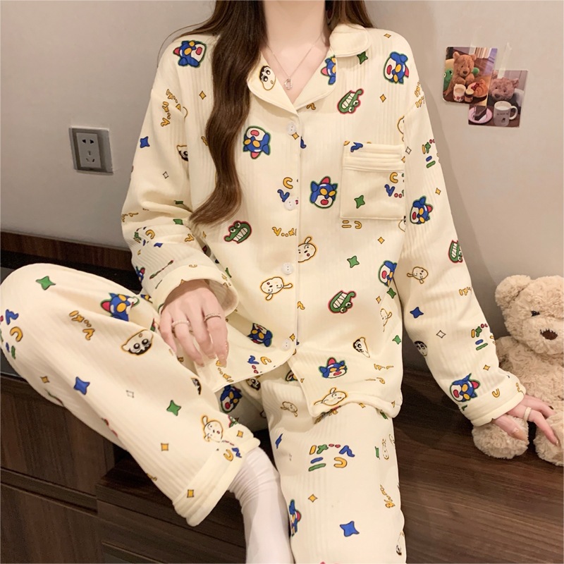 [Oder] Bộ đồ ngủ cotton chần bông mỏng mùa thu đông, họa tiết hoạt hình dễ thương và ấm áp, mặc mua thu