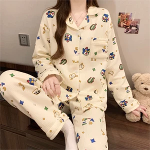 Bộ đồ ngủ cotton chần bông mỏng mùa thu đông, họa tiết hoạt hình dễ thương và ấm áp, mặc mua thu