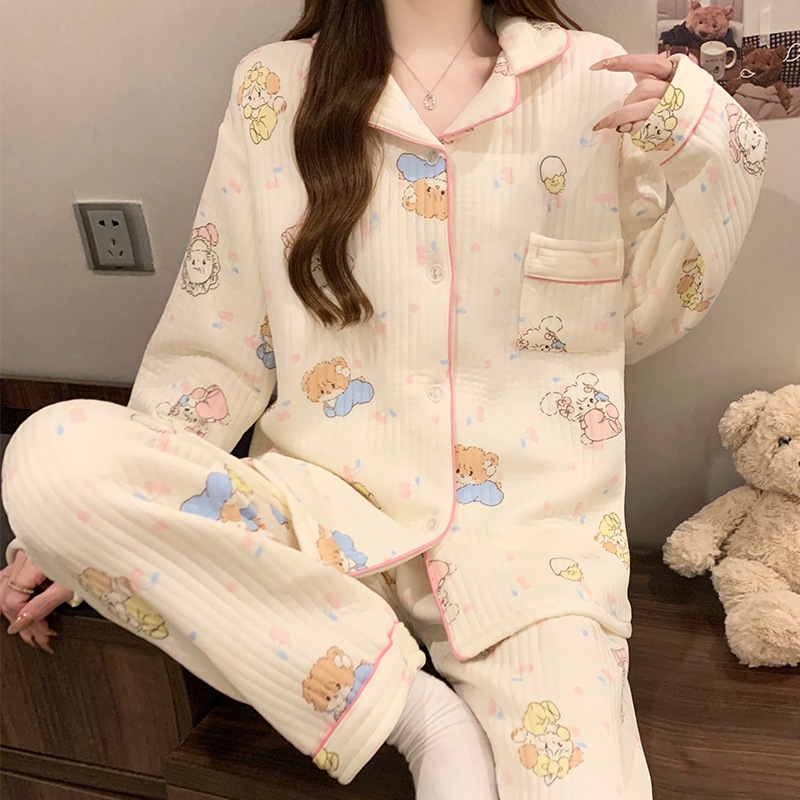 [Oder] Bộ đồ ngủ cotton chần bông mỏng mùa thu đông, họa tiết hoạt hình dễ thương và ấm áp, mặc mua thu