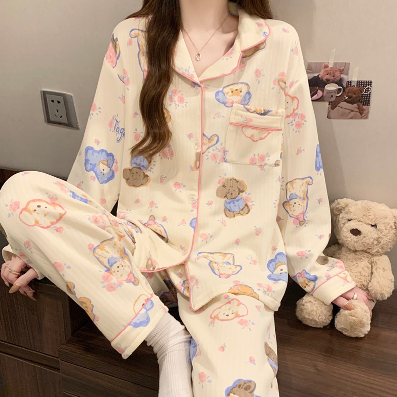 [Oder] Bộ đồ ngủ cotton chần bông mỏng mùa thu đông, họa tiết hoạt hình dễ thương và ấm áp, mặc mua thu