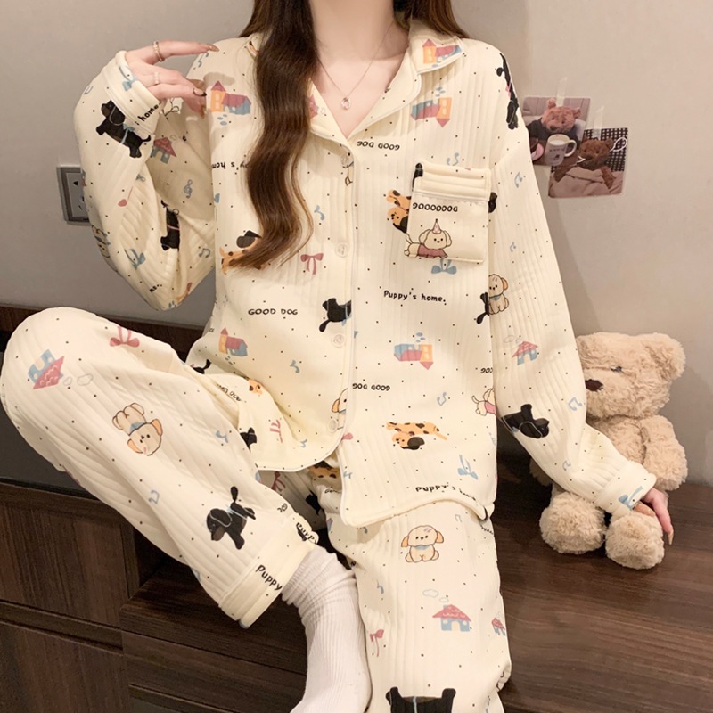 [Oder] Bộ đồ ngủ cotton chần bông mỏng mùa thu đông, họa tiết hoạt hình dễ thương và ấm áp, mặc mua thu