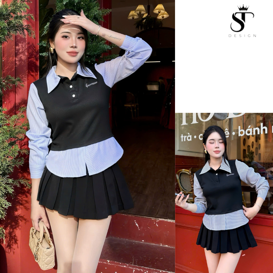 ST Design Áo sơ mi kẻ phối gile tăm thỏ may liền thêu Yourname ST Design S033 thiết kế độc đáo phong cách thời trang riê