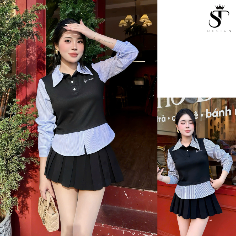 ST Design Áo sơ mi kẻ phối gile tăm thỏ may liền thêu Yourname ST Design S033 thiết kế độc đáo phong cách thời trang riê