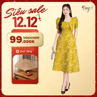 Đầm Dự Tiệc Thiết Kế EMY Thời Trang Cao Cấp EM2101 Gấm Hoa Vàng Sang Chảnh Thanh Lịch Trung Niên