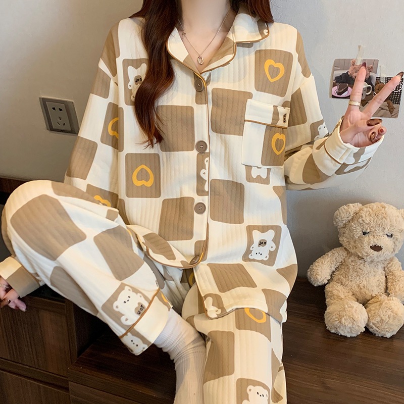 [Oder] Bộ đồ ngủ cotton chần bông mùa đông, họa tiết hoạt hình dễ thương và ấm áp, mặc ở nhà mùa thu đông