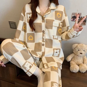 Bộ đồ ngủ cotton chần bông mùa đông, họa tiết hoạt hình dễ thương và ấm áp, mặc ở nhà mùa thu đông