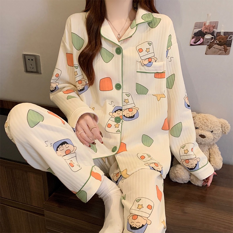 [Oder] Bộ đồ ngủ cotton chần bông mùa đông, họa tiết hoạt hình dễ thương và ấm áp, mặc ở nhà mùa thu đông