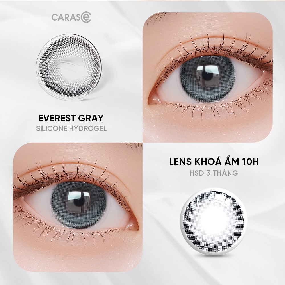 [1 chiếc] Kính áp tròng khoá ẩm 10H 3 Tháng Màu Xám Tro Viền Đen CARASE, Lens cận EVEREST GRAY