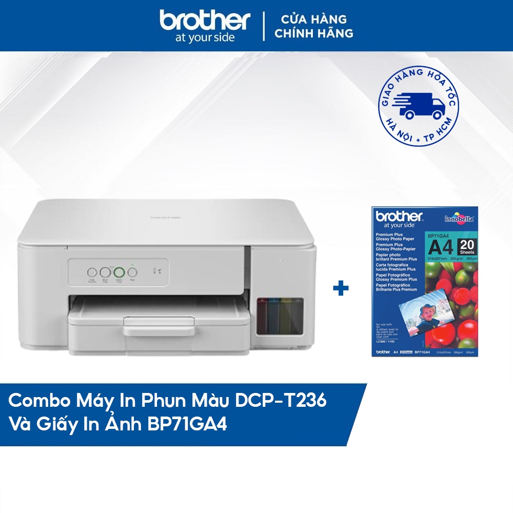 Combo máy in phun màu đa năng Brother DCP-T236 + Giấy in ảnh BP71GA4 ...