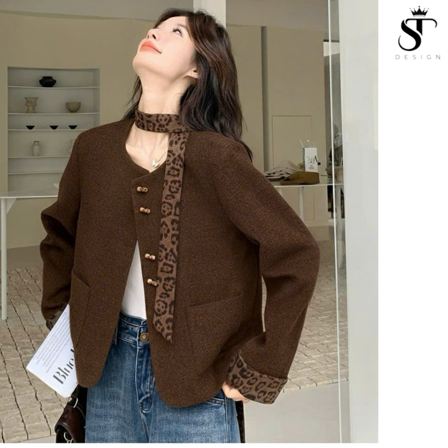 ST Design Áo Khoác Dạ Loại 1 Cổ Tròn May Họa Tiết Da Báo Tặng Khăn Phối Da Báo S99 Hàng Thiết Kế Giao Hàng Nhanh Hỗ Trợ