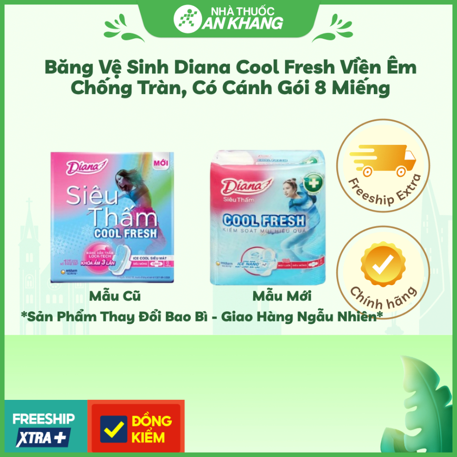 Băng vệ sinh Diana Cool Fresh viền êm chống tràn, có cánh gói 8 miếng