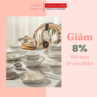 Bộ Chén Đĩa Sứ Cao Cấp Viền Đen Họa Tiết Xám Nhẹ Sang Trọng Dày Dặn An Toàn Sức Khoẻ CBG09
