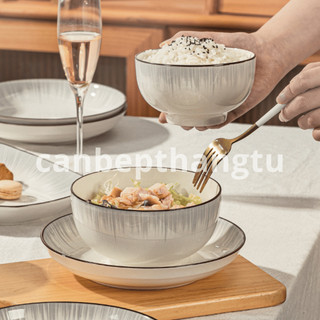 Bộ Chén Đĩa Sứ Cao Cấp Viền Đen Họa Tiết Xám Nhẹ Sang Trọng Dày Dặn An Toàn Sức Khoẻ CBG09