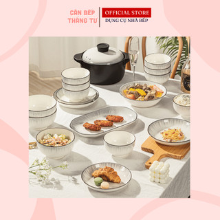 Bộ Chén Đĩa Sứ Cao Cấp Viền Đen Họa Tiết Xám Nhẹ Sang Trọng Dày Dặn An Toàn Sức Khoẻ CBG09