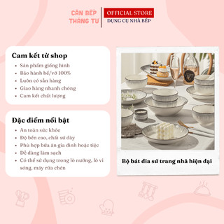 Bộ Chén Đĩa Sứ Cao Cấp Viền Đen Họa Tiết Xám Nhẹ Sang Trọng Dày Dặn An Toàn Sức Khoẻ CBG09