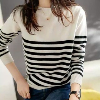 Áo Len Cổ Tròn Oversize Phối Kẻ Sọc Năng Động Cá Tính Basic