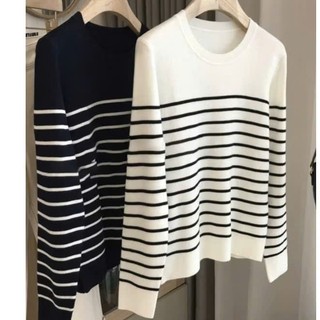 Áo Len Cổ Tròn Oversize Phối Kẻ Sọc Năng Động Cá Tính Basic