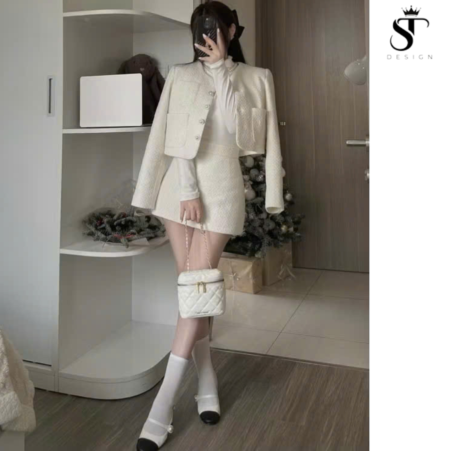 Set  dạ Tweed loại 1 QC  cúc ngọc đệm cầu vai mix chân váy nữa dáng A - ST Design - 45