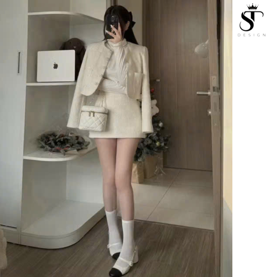 Set  dạ Tweed loại 1 QC  cúc ngọc đệm cầu vai mix chân váy nữa dáng A - ST Design - 45