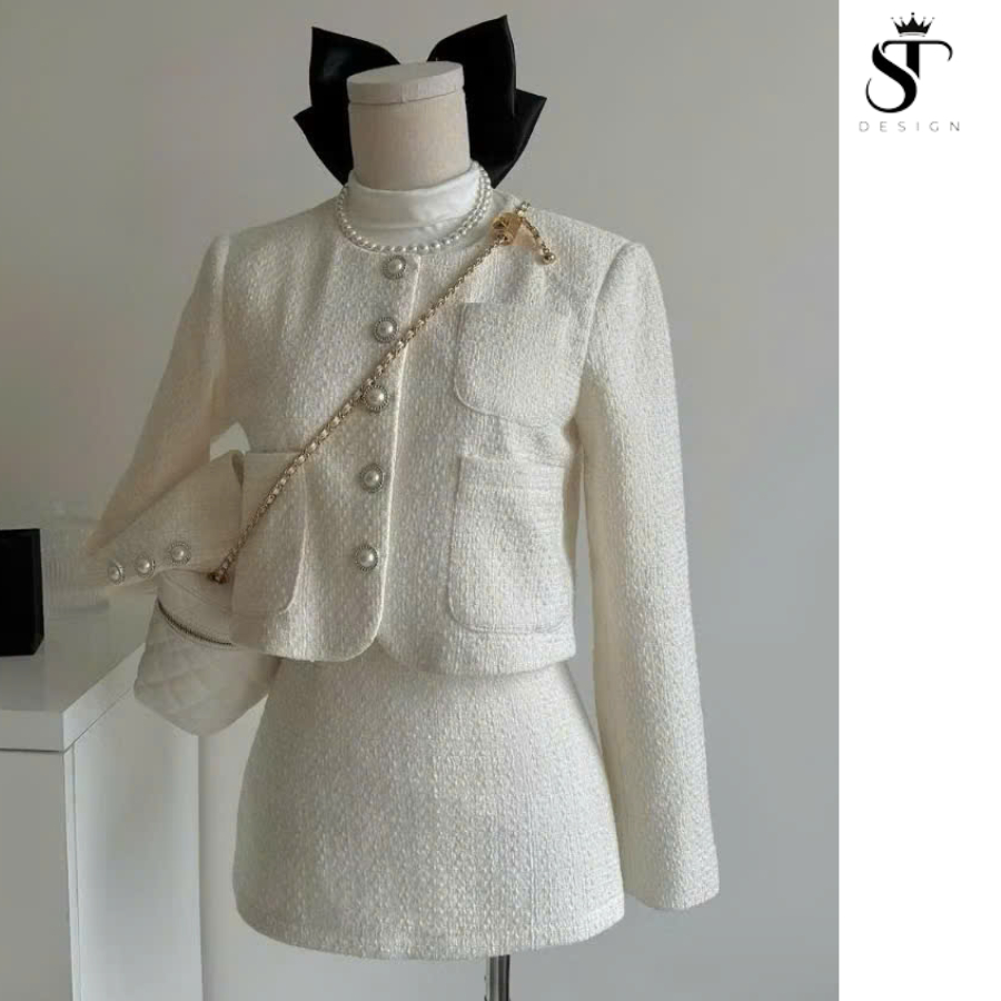 Set  dạ Tweed loại 1 QC  cúc ngọc đệm cầu vai mix chân váy nữa dáng A - ST Design - 45